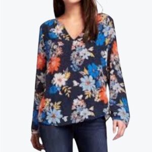 🟩SALE 7️⃣5️⃣% off🟩 Floral V‑Neck Long‑Sleeve Blouse - Navy Multi